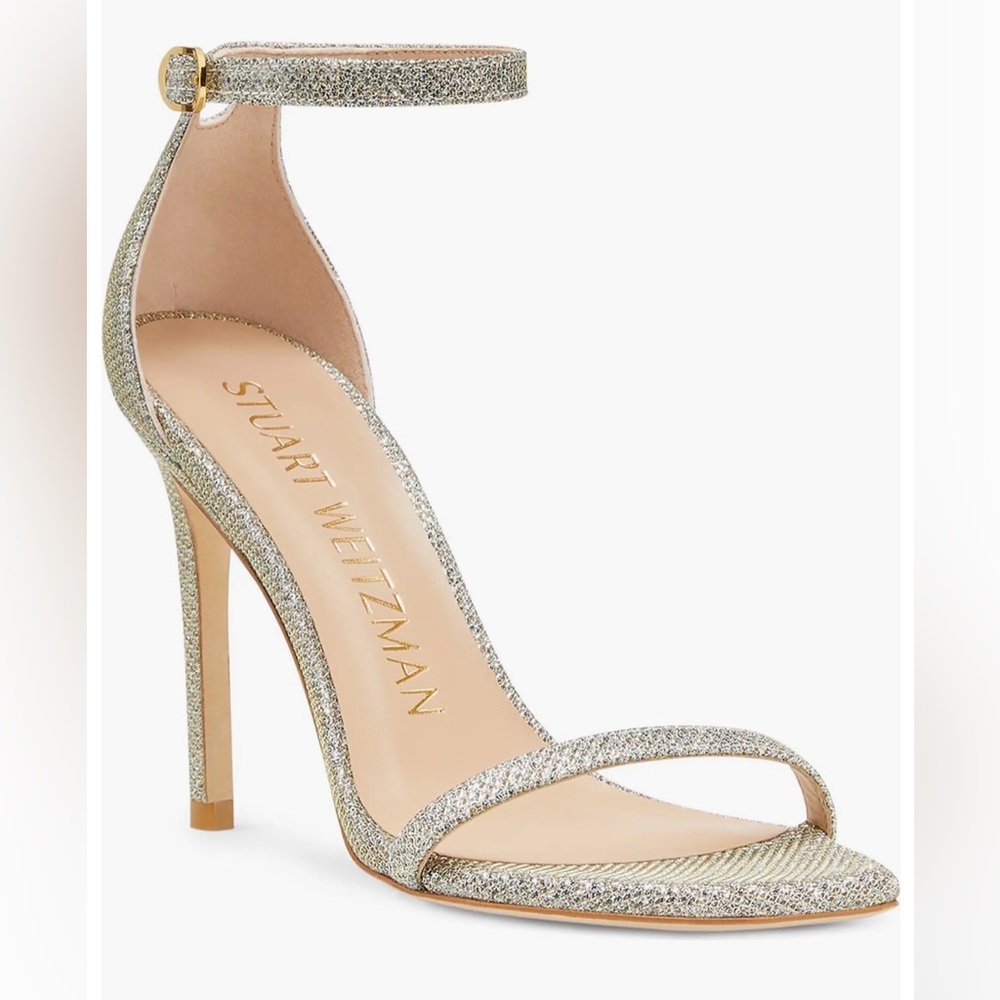 Stuart Weitzman Nudistcurve Ankle Strap Sandal in Gold Platino Glitter size 9.5